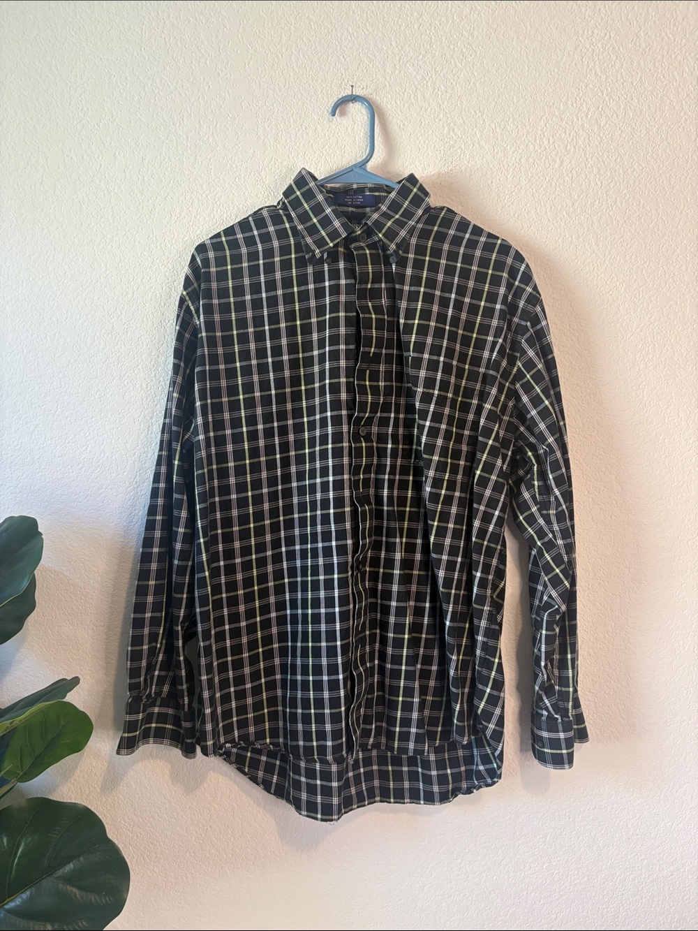 Alan Flusser lime green, Black and White Plaid Button-Down Shirt 100% cotton